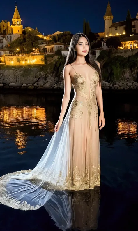 (woman, cute, age 30, long hair, sheer gown no underwear, intricate arcane embroidery) wanders by the coast outside a bright, golden fantasy city, reflected in the water, moonless night
