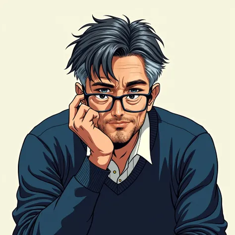 Alone, masterpiece,  best quality,  very detailed, An eye for fine details, upper _body,1 Japanese, adult male,Glasses,Navy blue sweater , black hair mixed with gray hair, Masculine , uneasy expression ,Annoying pose,comicsスタイル,comics