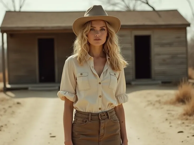 Beautiful woman, Jennifer Shrader Lawrence, blond hair, A thin woman, Lush slightly curly hair, thin woman, sexy look, sexy pose, bare arms, old short skirt, blouse with short sleeves, cowboy hat, post apocalypse, Lynsey from drama film the Causeway, Lawre...