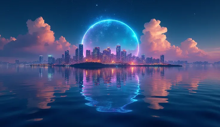 Beautiful colorful city at night ， ， to form a An elliptical cityscape 。 They extend as if extending to the bottom of the lake ，Fused with reflections in the water 。In the distance ， Starry sky reflected on lake， formed a distributed aquatic skyline ， Clou...