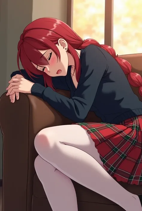 An anime-style illustration of a 30-year-old mature tall female older sister-type character with long dark red hair in a crown braid, wearing an outfit consisting of a navy cardigan, a red, green and white tartan pleated skirt, opaque white tights, and bla...