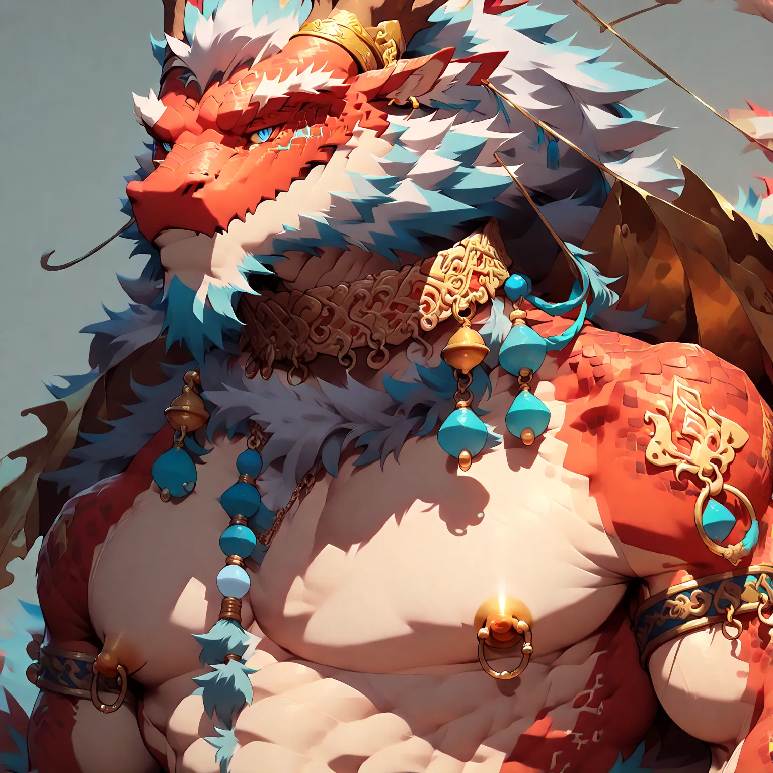 ### main character (high priority)
(eastern dragon furry:1.8), muscular mature male, masterpiece, (half body portrait:1.4)

### ...