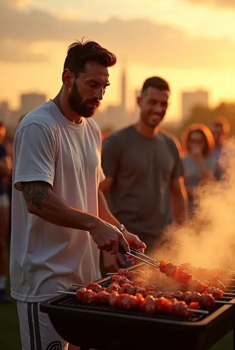  "An ultra-realistic, cinematic scene featuring the worlds most famous footballer, Lionel Messi, standing confidently in front of a sizzling barbecue grill. The grill is overflowing with vibrant beef kabobs, perfectly charred and glistening with juicy mari...