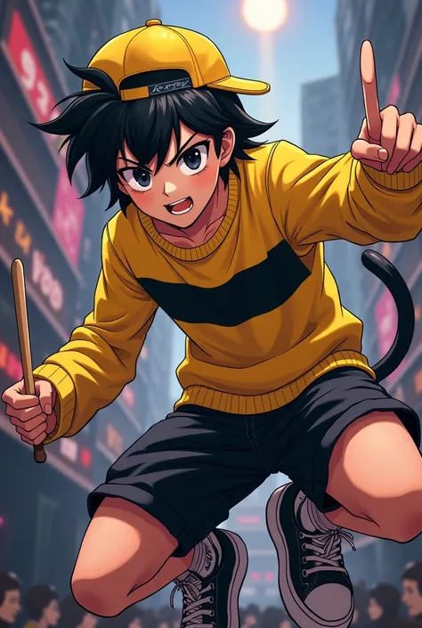 Anime: rebellious tiger with short black mullet, yellow cap, black eyes, yellow sweater with black stripe, black shorts and black sneakers. He plays punk music with drums.