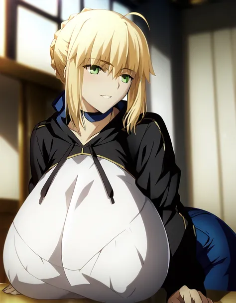 Highest quality, official style, very aesthetic, score_8_up, score_9_up, score_7_up, High Resolution, 1 girl, artoria pendragon, artoria pendragon (fate), saber, blonde hair, green eyes, ahoge, sidelocks, official art, black hoodie, white shirt, jeans, cho...