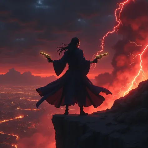 Anime Cowboy in black Alatsuki robe covered with Crimson anime spore clouds, holding golden pistols, standing at the edge of a cliff at night staring at moon with a cinematic scene of burning city below in the distance. Red lightning covering the night sky