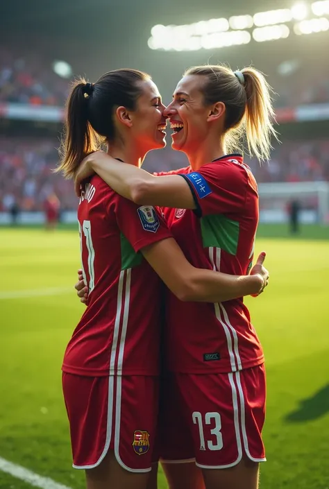 couple of football players man and woman hugging each other hugging after a goal