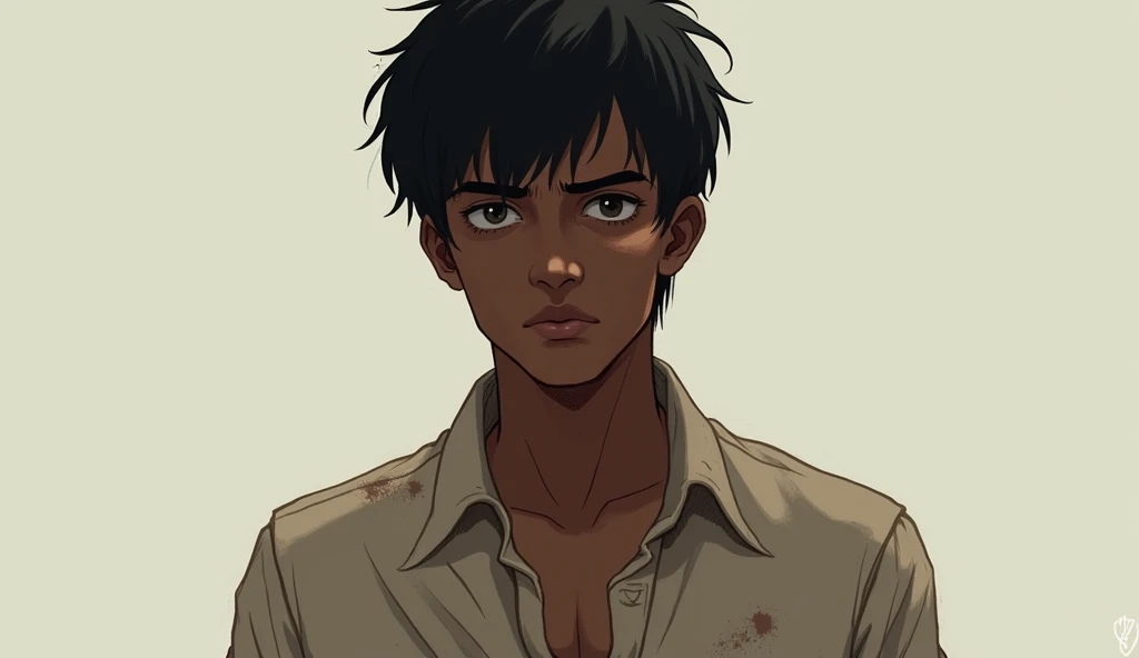 ""An 18 to 20-year-old young man with a lean build, dark skin tone, and short, slightly messy black hair. His expression is somber and reflective, gazing directly at the viewer. He is wearing a simple, slightly worn shirt with visible creases and dirt mark...