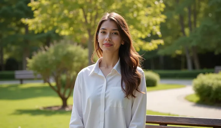 " Elira with long wavy hair and wearing a white shirt standing next to a park bench. Elira looks relaxed .  The soft light of the afternoon sun illuminates her face ,  adds peace .  Scenes set in a tranquil garden with lush green trees and circular paths ....