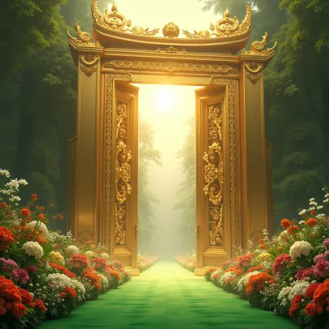 Create hyper realistic, competition winner, masterpiece, 4K,  A huge golden gate is decorated with pearls, green carpet is laid in front of the gate, many plants are seen inside the gate, massive light flowing inside the gate, mist and fogg, flower garden ...