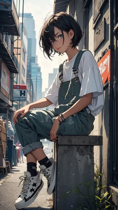 (masterpiece:1.1), (Best Quality:1.1),, (smoother lighting:1.05), (Improve the quality of cinematic lighting:0.9), 1 girl, Camo Overalls: Sport camo overalls with a fitted t-shirt underneath and Converse shoes for a playful, gender-neutral look, Shaggy Lay...