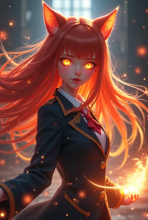 league of regends　 girl with cat ears 　Wind Magic　 glitter　school fantasy blazer with uniform decoration 　 fantasy red and orange straight and long hair　 glowing eyes　Light shines in the dark 　battle