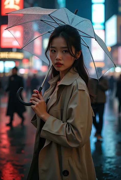 Masterpiece, a beautiful Asian female model, about 26-30 years old, beautiful blue eyes. A chic model dressed in a trench coat and heels walks through Times Square under a clear umbrella, her confident expression glowing as rain and city lights create a sp...