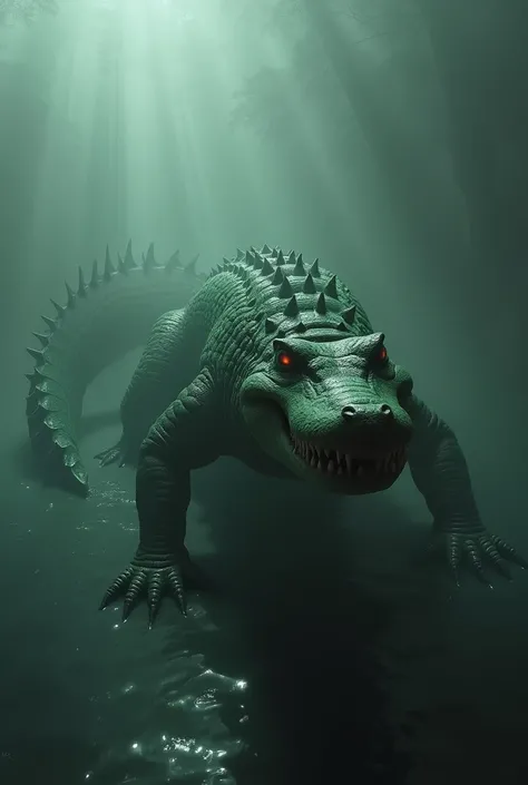 Imagine a fearsome hybrid animal with the body of a crocodile and the features of a shark. Its body is long and muscular, covered in tough, scaly green skin like a crocodiles, but with a streamlined shape similar to a shark’s. The creature has a large, pow...