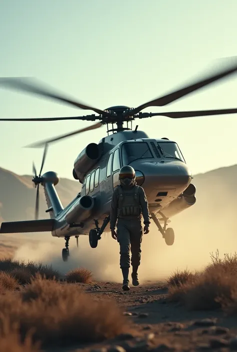 A smoke 
helicopter stopping on the ground 
In front of the helicopter a Pilot is with  flying suit
#Landscape photo plz
