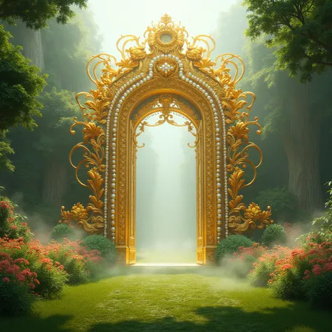 Create hyper realistic, competition winner, masterpiece, 4K,  A huge golden gate is decorated with pearls, green carpet is laid in front of the gate, many plants are seen inside the gate, massive light flowing inside the gate, mist and fogg, flower garden ...