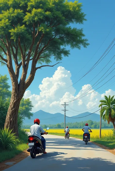  oil paint painting HQ ,  visible banyan trees and weeds growing at the corner of the village roadside fork .  looking honda motorcycle , Phoenix bikes and farmers pass through the road. green rice field background ,  trees all the way and mountains and di...