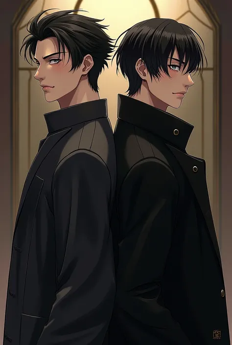 (highest resolution, distinct_image) best quality, ((two men)), supporting each other, masterpiece, high detail, semi-realistic, black short hair, black hair, bangs, mature, young, tall and strong, the right hand body is wearing a black coat, Stern and ser...