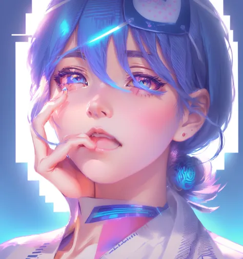 anime girl with white headband and white phone, gwaiz, artwork in the style of gwaiz,  cute realistic portrait ,  portrait of an...