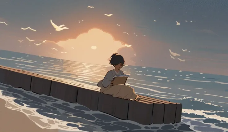 A small wooden dock by the sea at sunset, a young girl sitting with her feet dangling over the water, a small sketchbook in her lap. The waves gently lap against the shore, and seagulls fly in the distance. Ghibli-style, dreamy and tranquil.