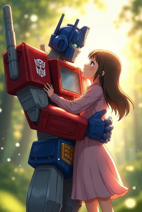 That sounds like a heartwarming image! Optimus Prime, the heroic leader of the Autobots, sharing a loving hug with Momoe Sawaki, a character from the anime "Keep Your Hands Off Eizouken!" Its always nice to imagine characters from different worlds coming t...