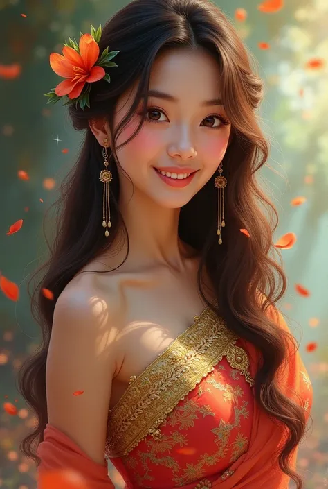 Fiction cover painting. A woman wearing a very beautiful Thai dress is smiling cute. Beautiful long brown curly hair.