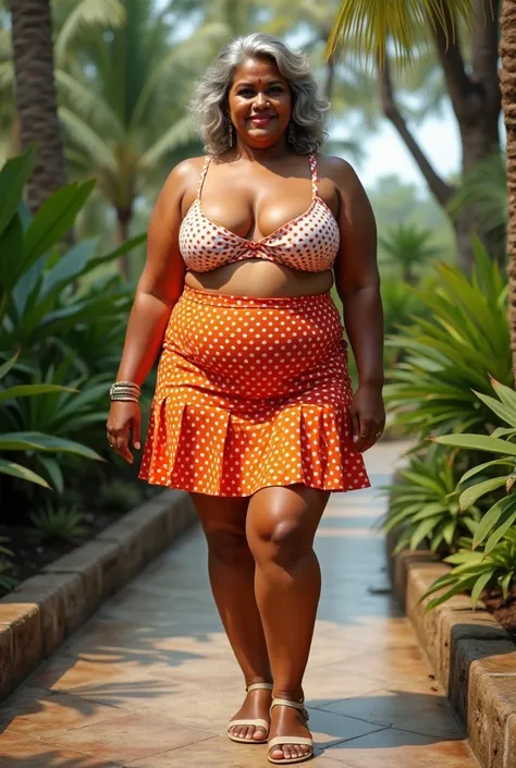 Sri Lankan mom in her 60s with big bust and grey hair in a polka dot bikini with mini skater flared skirt and high heels, beautiful thick female, plus size, thick body, voluptuous body, thick thighs, curvy, curvaceous, nicki minaj curvy, thicc, fit curvy p...