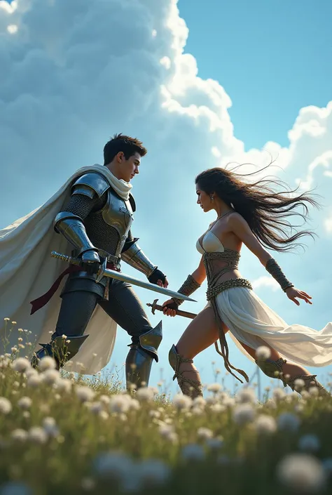 a handsome young short black haired knight and a gorgeous female barbarian fighter fighting together in the middle of the field next to a field of pale flowers with a beautiful azure blue sky, in the style of magic the gathering, glacier landscape, d & d, ...