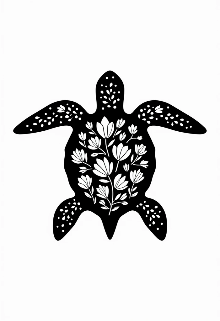 Create a flat graphic with hollowed out magnolia and hibiscus patterns in the silhouette of a sea turtle. Black and white patterns, suitable for painting templates