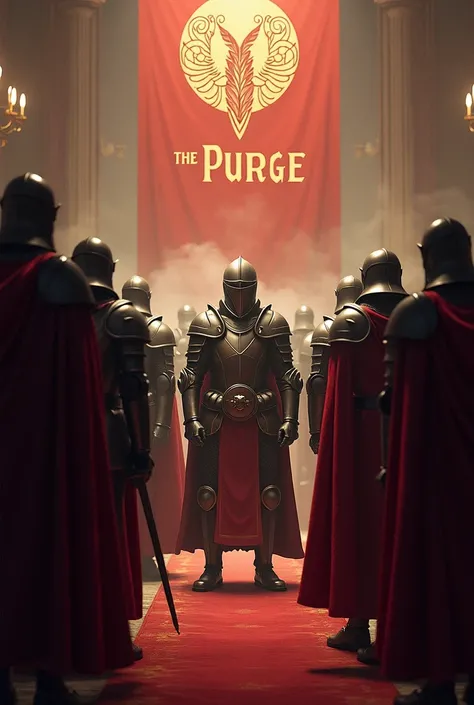 The atmosphere of the guild poster with the “THE PURGE” logo on it is bright, and the general wearing heavy armor stands in the center, and his subordinates stand nicely around them, and they are all wearing medieval armor.