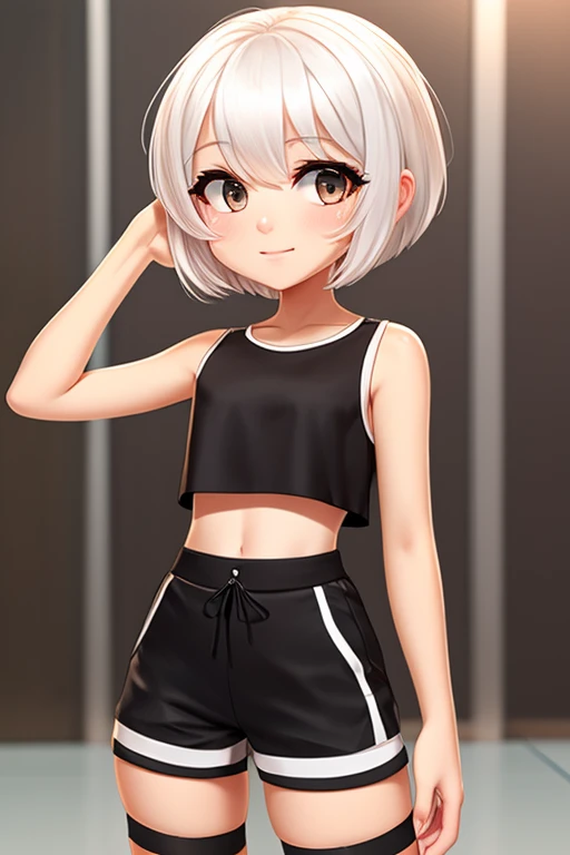 A tan girl with short white hair wearing a black croptop and wearing white shorts