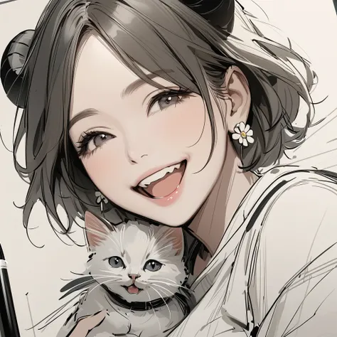 ( best quality, sketch:1.2),Realistic, 1 girl, , masterpiece, Noir Dark, art, Holding a cat、Im wearing a zinnia flower holder and earrings、The sheep has horns、 is laughing、 upper body、 slightly above angle