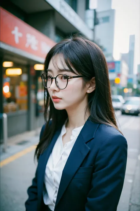 cinematic, Korean woman in her 20s, small smile, wearing glasses, city pop style, side view, stylish suit, super detail 