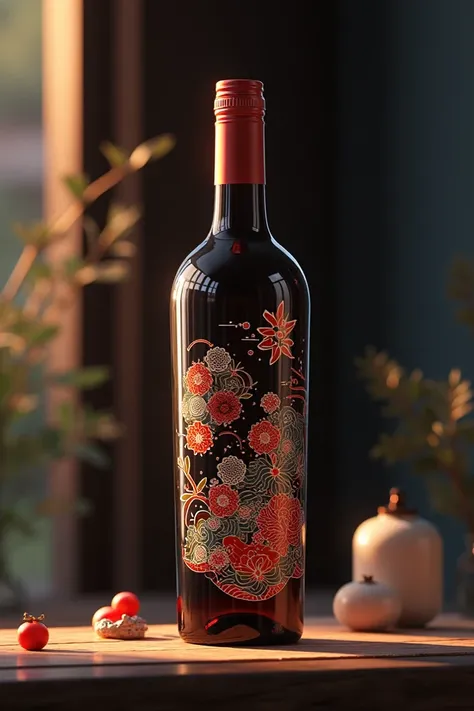 A wine bottle with a Chinese sticker design 