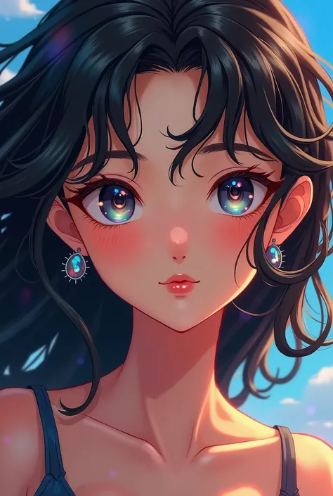 masterpiece，Dazzling colorful light，Ultra Detailed，A girl，big eyes，Extra long curly hair，Black-blond hair，A fascinating adventure，Glowing lips and face，Close-up of face，Exposed shoulders，Dreamy and beautiful，Thick paint of the characters，Fine brushstrokes，...