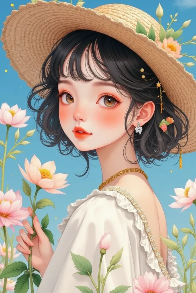 there is a girl holding a hat and a flower in her hand, an anime drawn by ni tian , popular in the cg community , aestheticism, ...