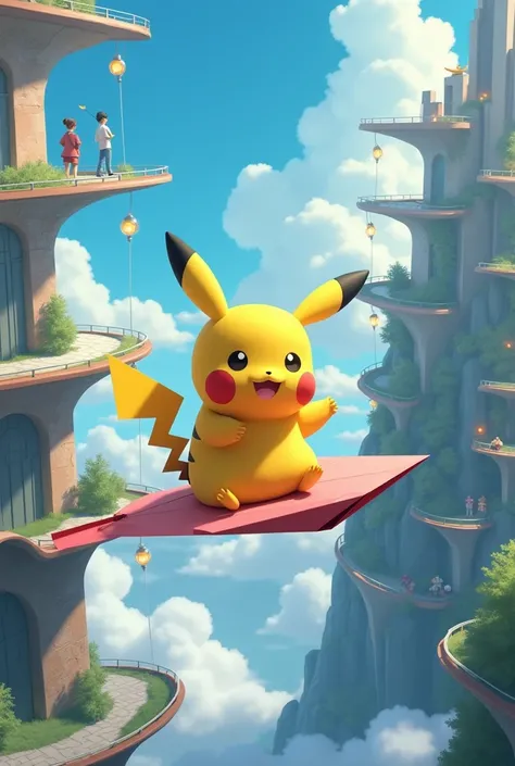 Pikachu explores an aerial city aboard a paper airplane