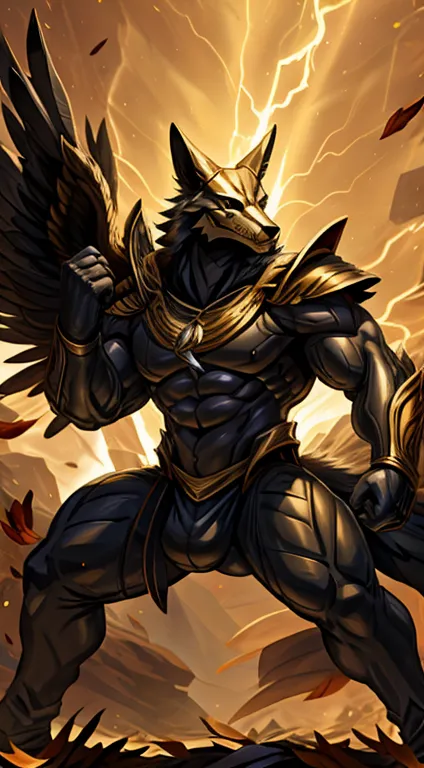 high quality, masterpiece, best detail, full body, front view, furry male black wolf in black armor with golden feathers and lea...