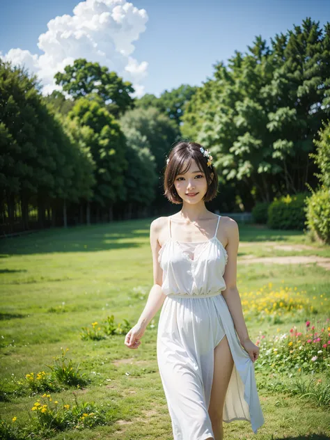  top quality, one beautiful woman, A full-body image of a stunning girl with a chic pixie cut, standing gracefully in the middle of a lush green meadow. Her short hair is gently tousled by the soft breeze, framing her radiant face. She’s dressed in a light...