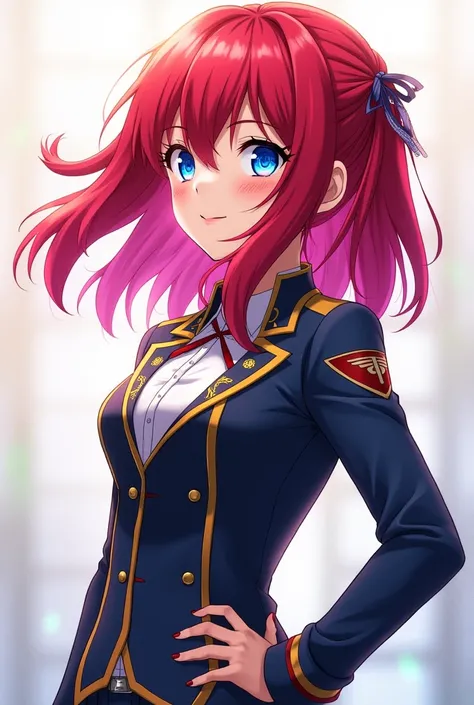 Beautiful anime girl from My Hero Academia with red, pink, raspberry hair and blue eyes,  in the UA costume
