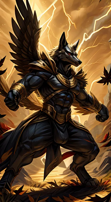 high quality, masterpiece, best detail, full body, front view, furry male black wolf in black armor with golden feathers and leaves, hands shrouded in golden light, in fighting stance, summons lightning