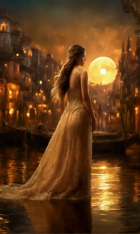 (woman, cute, age 30, long hair, sheer gown no underwear, intricate arcane embroidery), (wandering by the coast, outside a bright golden fantasy city), (reflected in the water), (moonless night), (highly detailed, cinematic lighting, dramatic angles), (pho...