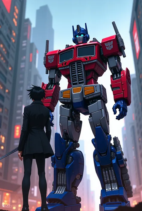 a highly detailed digital painting of Kirito from Sword Art Online and Optimus Prime from Transformers, both standing side by side in a futuristic cyberpunk city landscape, cinematic lighting, dramatic poses, intricate mechanical designs, vibrant colors, 8...