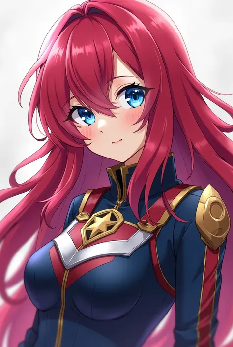 Beautiful anime girl designed by My Hero Academia with red, pink, raspberry hair and blue eyes,  wearing the costume of the UA the Academia de Heroes
