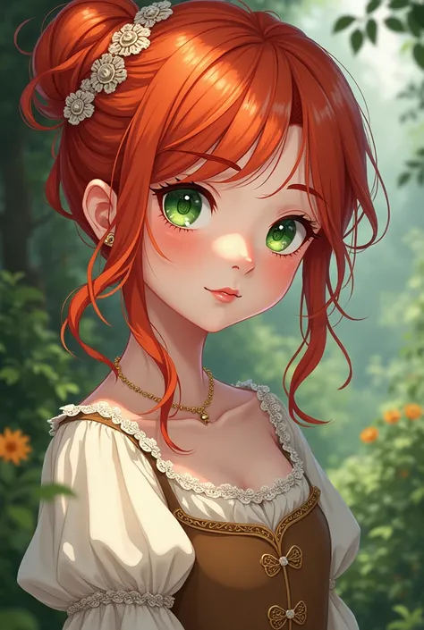 Red-haired girl with freckles, green eyes, anime-style other than 3D with medieval clothes and hairstyles with a bun 