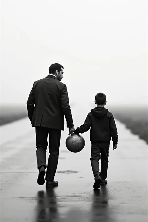  A man walks backwards with a  boy , holding a globe ,  the image is from a distance and in black and white says December 2003 