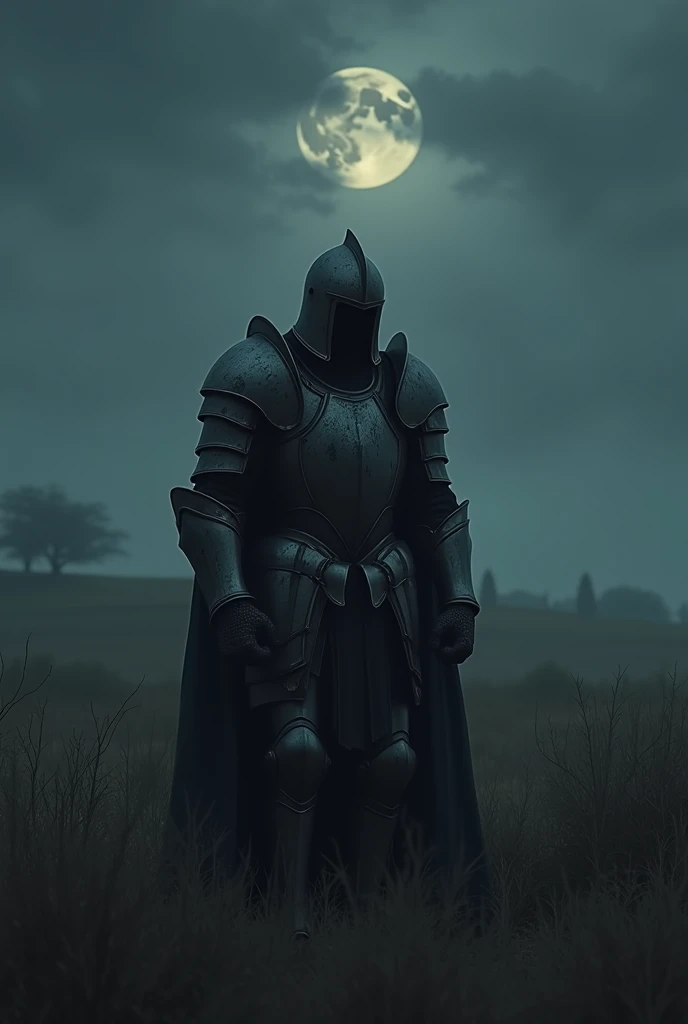 Dark fantasy a sad night in the middle of a field at night with all his armor on crying