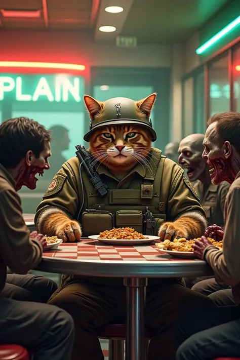 Heres a prompt you can use for generating the image of a big cat in soldier dress sitting at a diner table with zombies:

"A large, muscular cat dressed in full soldier attire, complete with camouflage, a helmet, and a weapon slung across its shoulder, sit...