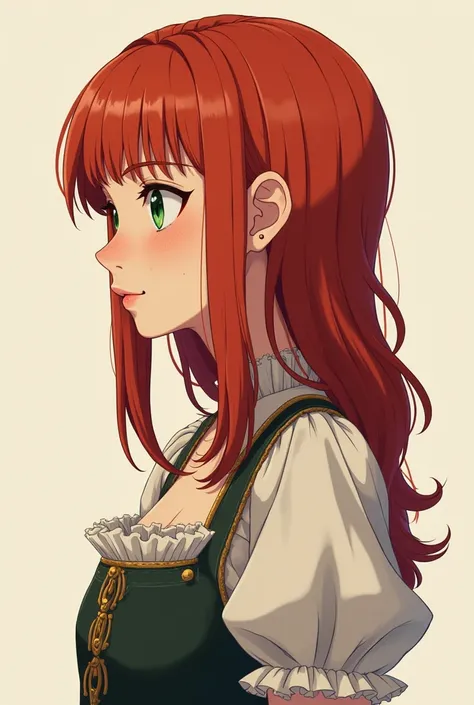 Red-haired girl with freckles green eyes anime style other than 3D simple drawing in medieval clothes styled with a straight hair congo posing in profile of 3/4