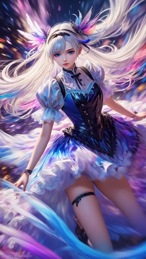 (1 Girl),Gothic,Twin ponytails,White hair, Organza lace,Gorgeous and intricate costumes,Gothic, flight,  blue, ( colorful ), Thick strokes, Gradient Blending,  motion blur , Shining texture, Dynamic composition,  atmospheric perspective, Impressionism, , (...